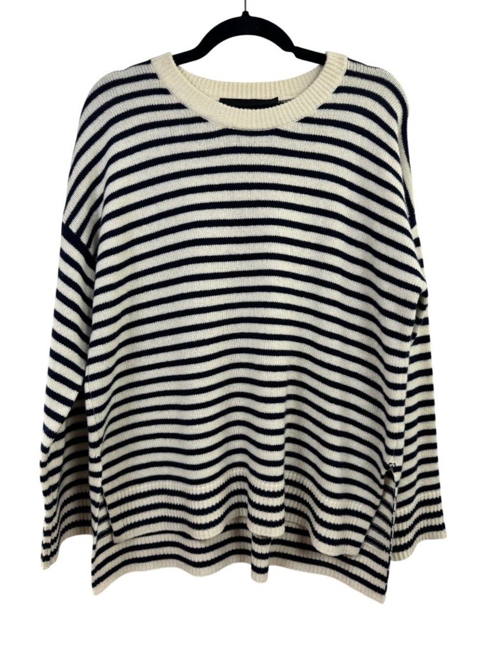 Jenni Kayne Striped 100% Cashmere Sweater Navy Blue Cream Women Medium Crew Neck